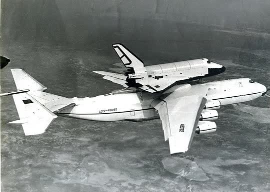 Antonov An 225 with Soviet space shuttle Buran on top.jpg